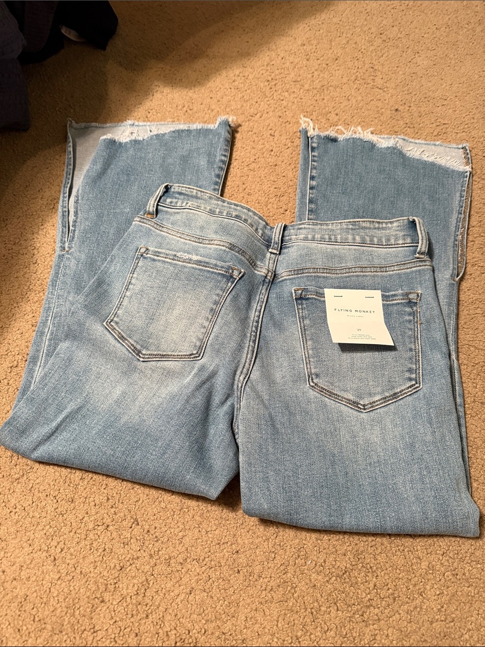 Flying Monkey Light Blue Flare Jeans with Raw Hem with lots of stretch